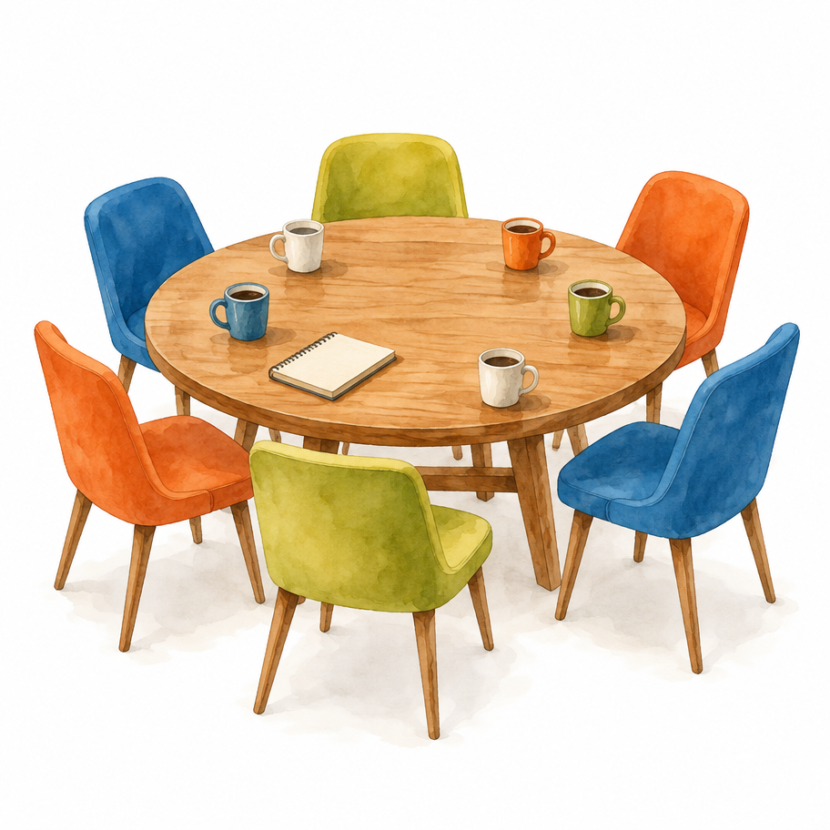 Watercolor illustration of a round table with colorful chairs, coffee cups, and a notebook